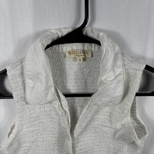 Rebellion Again White Smocked Textured Sleeveless Button Up Collared Blouse